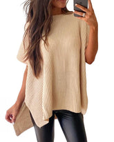 Women's Summer Solid Wool Pullover - Round Neck, Loose Short-Sleeve